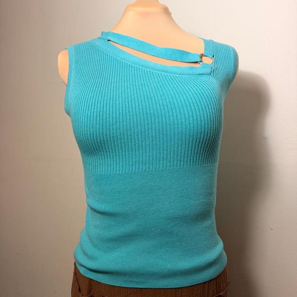 Y2K Deadstock Liv Turquoise Ribbed Cutout Neck Sleeveless Knit Top Size M